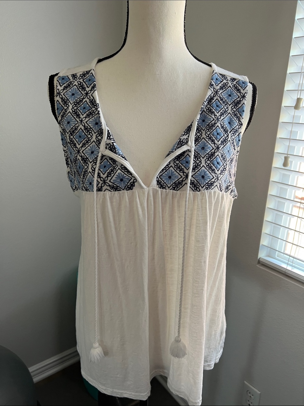 beachlunchlounge White Tank with Blue Embroidered Yoke